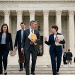 Four suited professionals walking down marble steps of a neoclassical government building, carrying folders and bags.