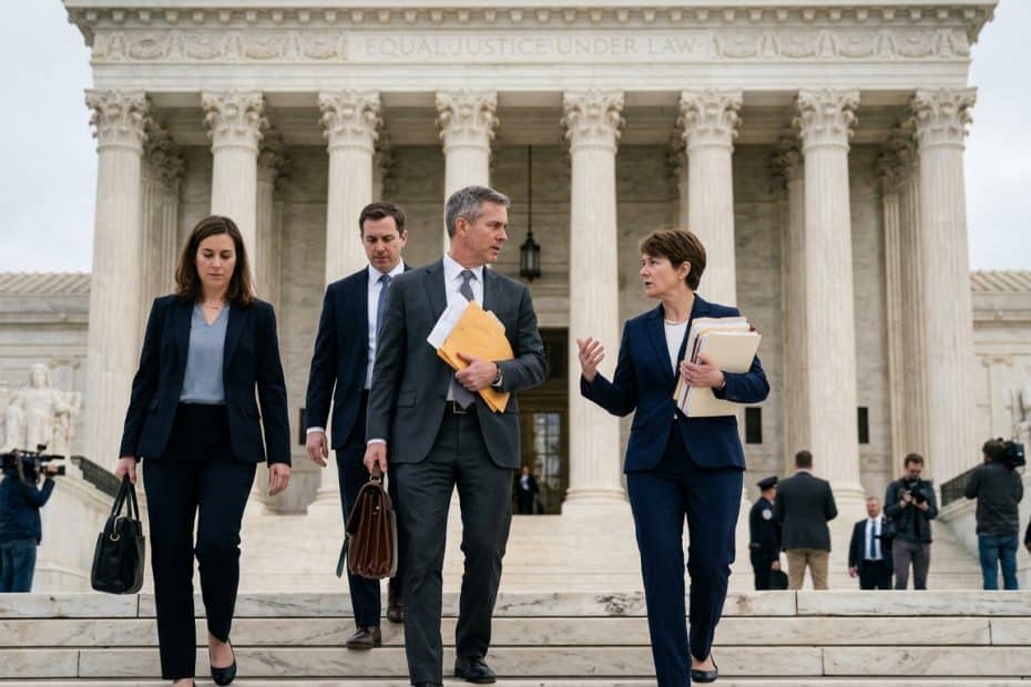 Four suited professionals walking down marble steps of a neoclassical government building, carrying folders and bags.