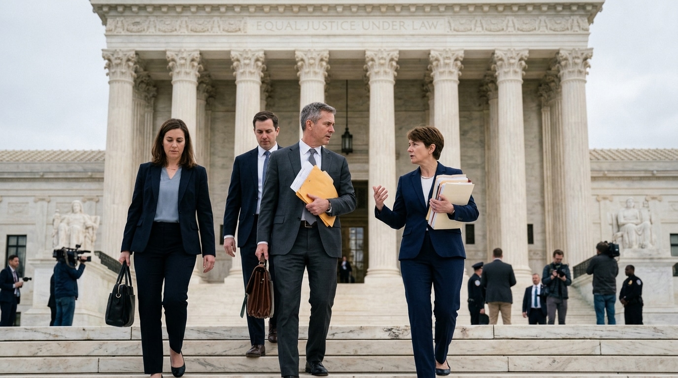 Four suited professionals walking down marble steps of a neoclassical government building, carrying folders and bags.
