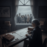 Older woman at a desk charts data; a diverse group peers in from outside the window, ballot boxes visible.