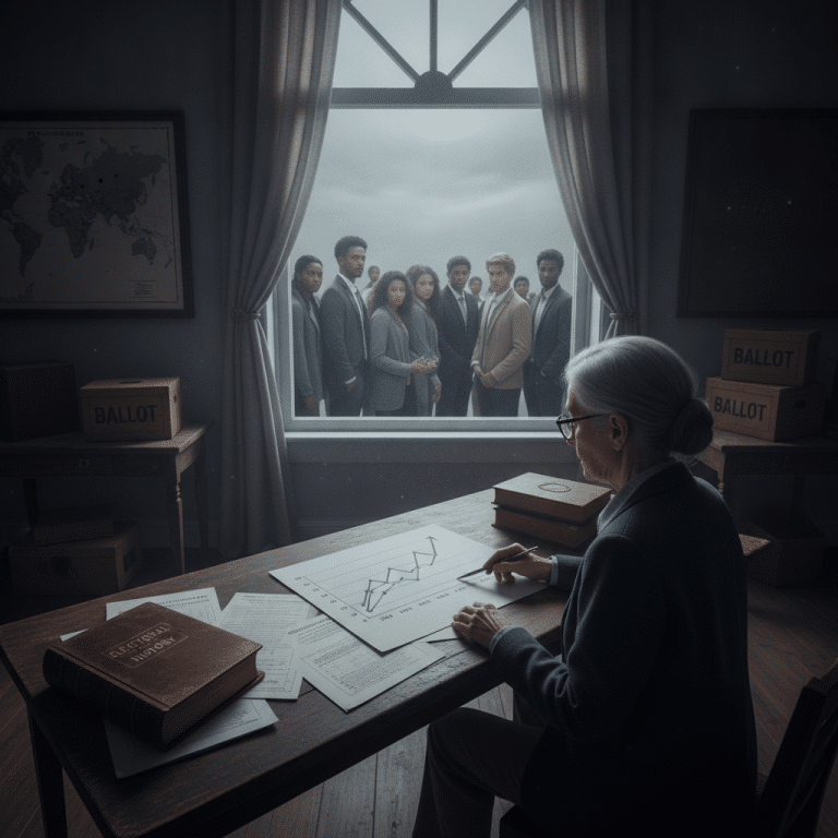 Older woman at a desk charts data; a diverse group peers in from outside the window, ballot boxes visible.