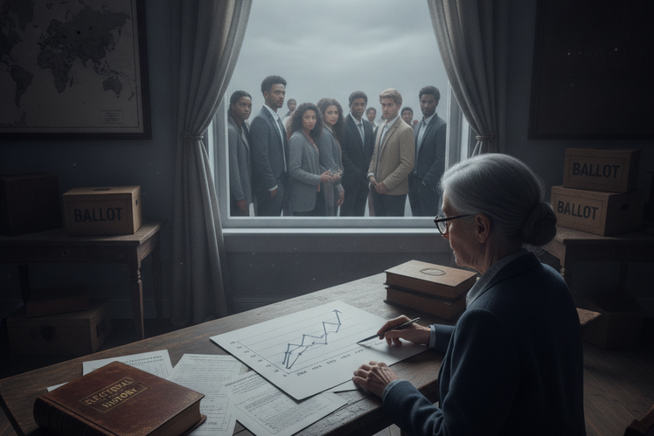 Older woman at a desk charts data; a diverse group peers in from outside the window, ballot boxes visible.