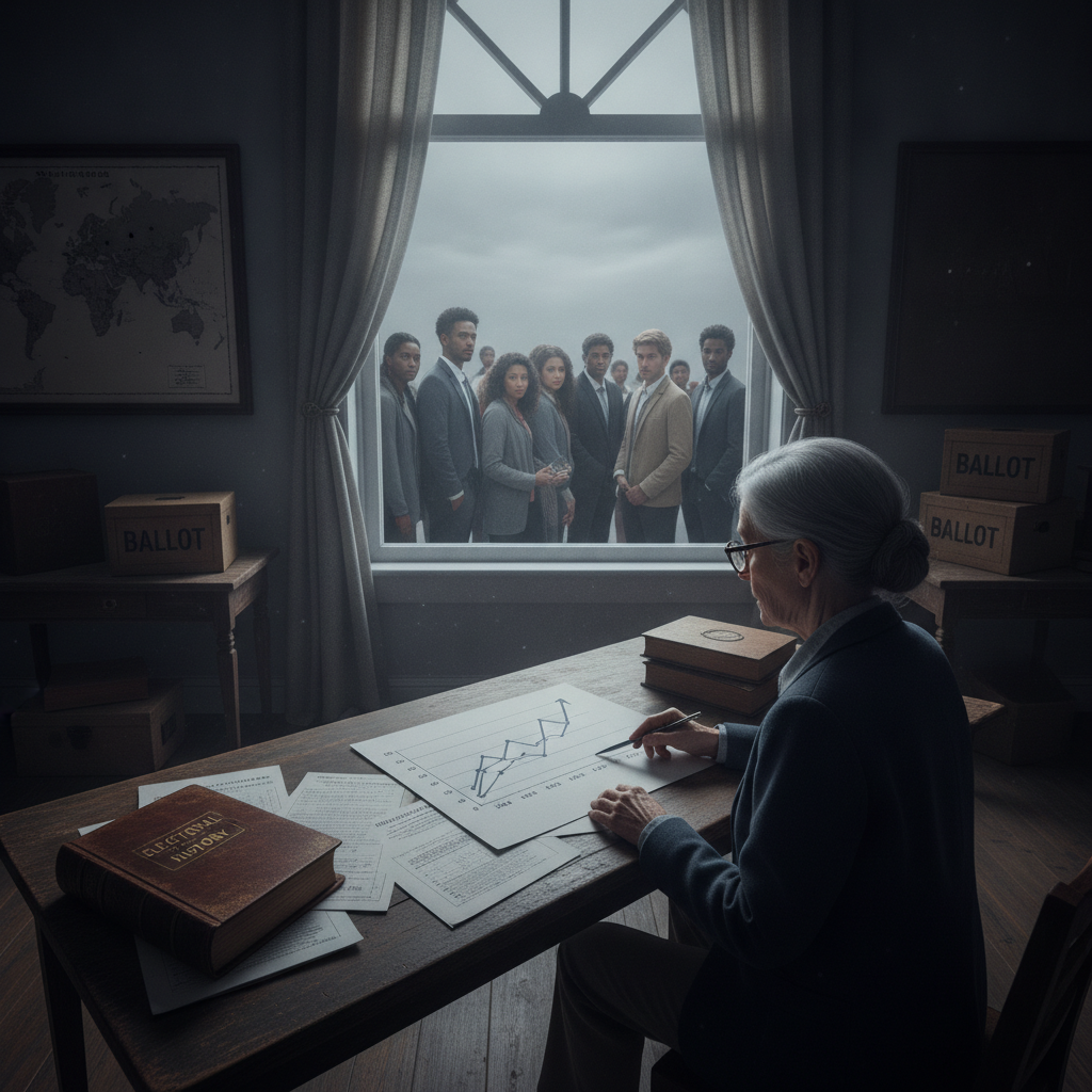 Older woman at a desk charts data; a diverse group peers in from outside the window, ballot boxes visible.