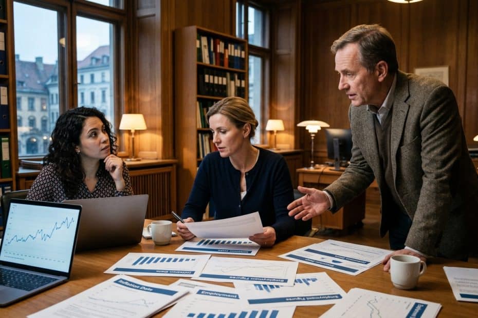 Three professionals in a wood-paneled office review charts and graphs on a conference table, laptop open nearby.