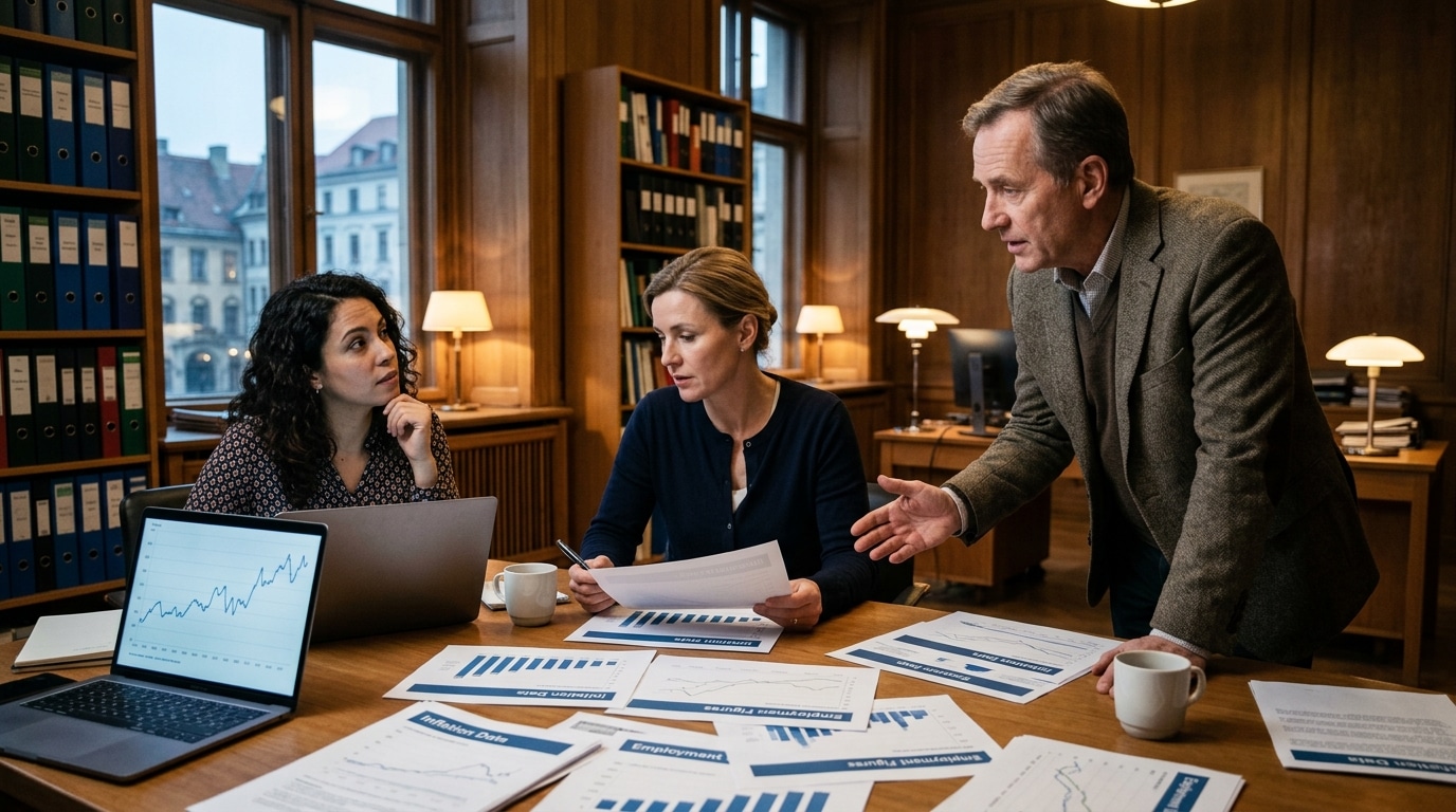 Three professionals in a wood-paneled office review charts and graphs on a conference table, laptop open nearby.