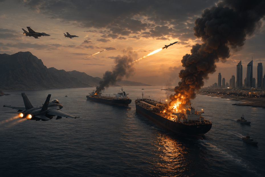 Fighter jets over a harbor at sunset as a large cargo ship burns with dark smoke and the city skyline glows in the background.