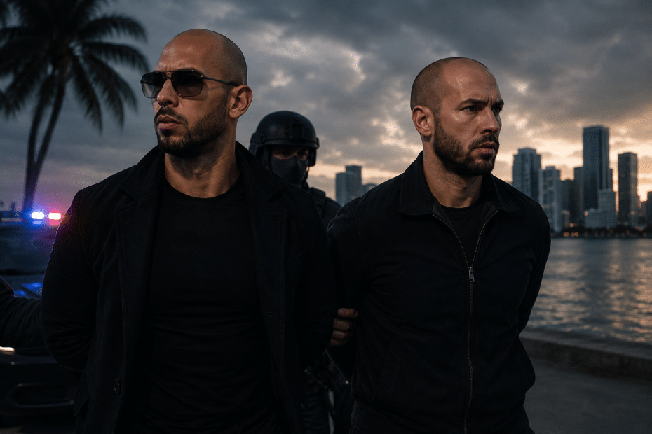 Two men in black jackets stand with a police presence by the water, city skyline at dusk in the background.