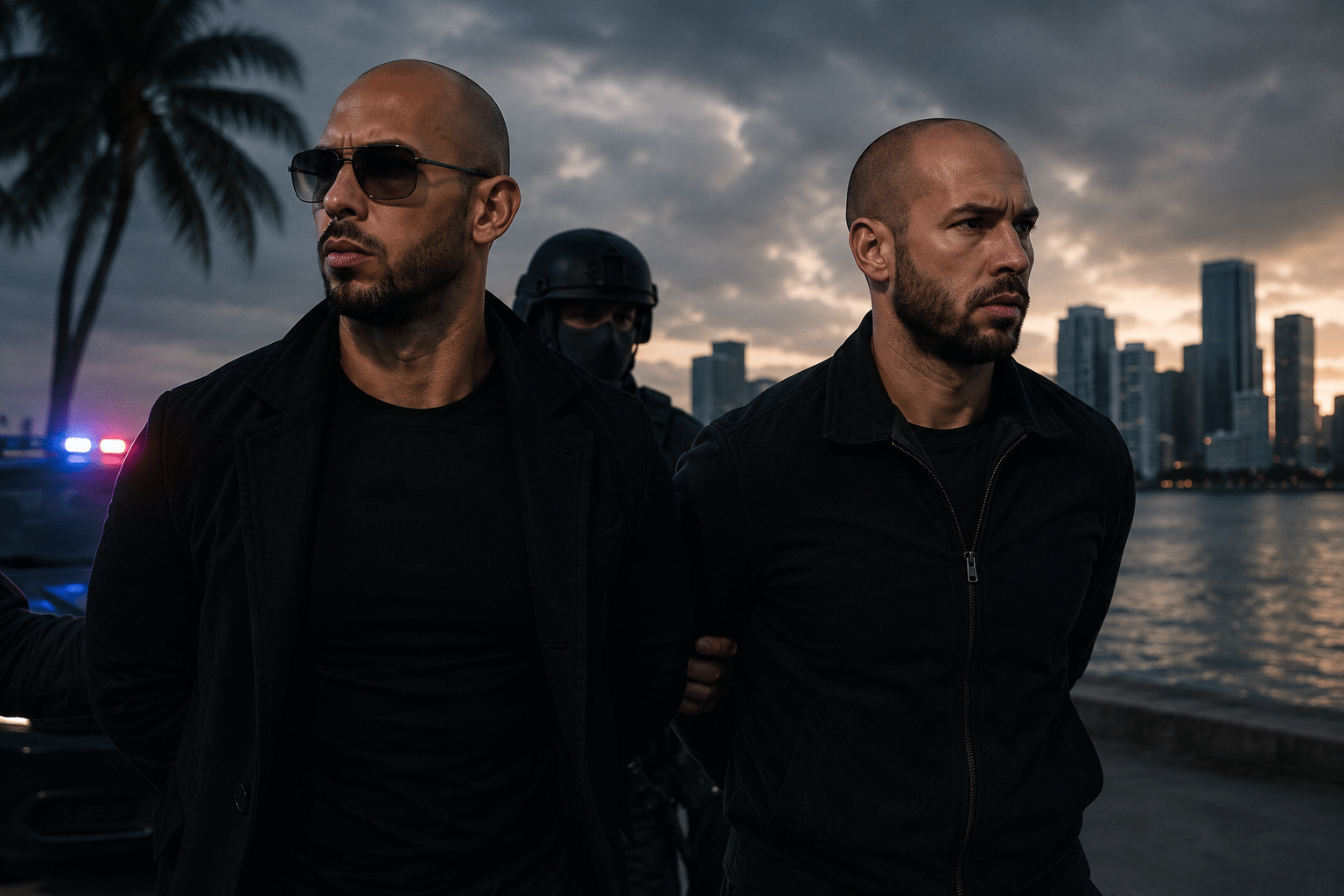 Two men in black jackets stand with a police presence by the water, city skyline at dusk in the background.