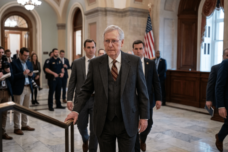 Older man in a dark pinstripe suit leads a group down a marble hallway, hand on a railing, with reporters and security nearby and an American flag in the background.