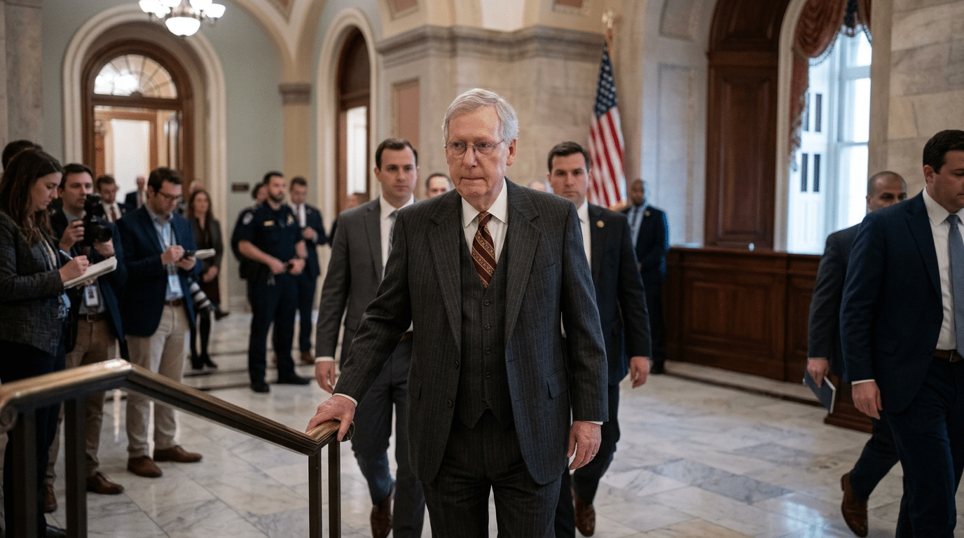 Older man in a dark pinstripe suit leads a group down a marble hallway, hand on a railing, with reporters and security nearby and an American flag in the background.