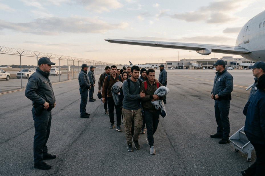 Group of travelers walking in a line on an airport tarmac, flanked by security guards near a large airplane.