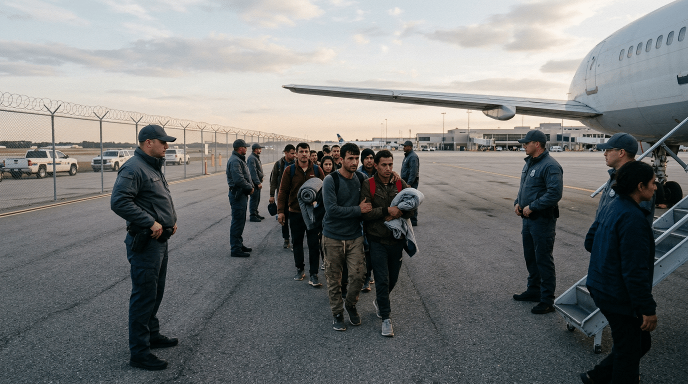 Group of travelers walking in a line on an airport tarmac, flanked by security guards near a large airplane.