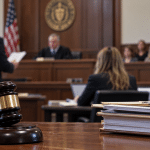Close-up of a judge's gavel on a wooden desk in a courtroom, with the judge and attendees visible in the background.