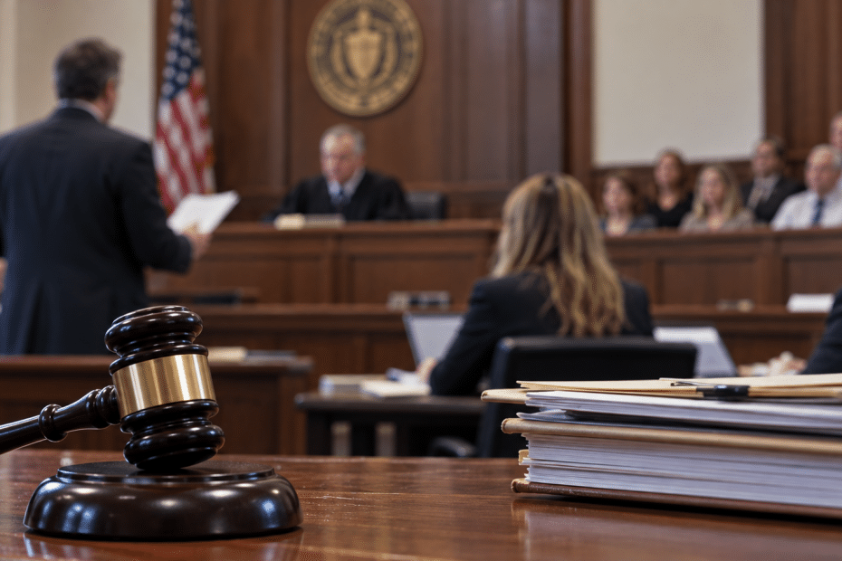 Close-up of a judge's gavel on a wooden desk in a courtroom, with the judge and attendees visible in the background.