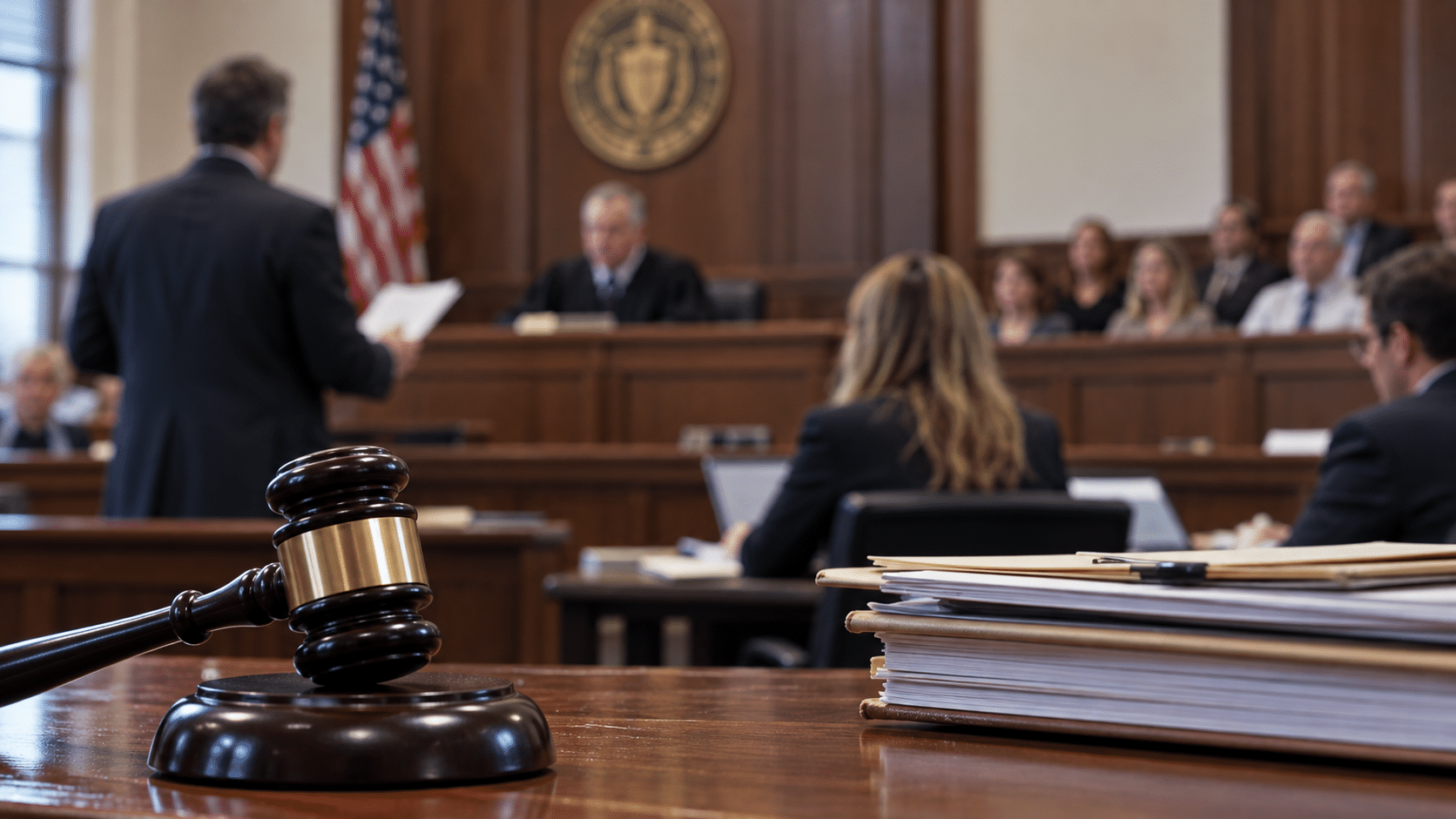 Close-up of a judge's gavel on a wooden desk in a courtroom, with the judge and attendees visible in the background.