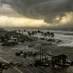 Coastal town flooded and battered by a massive storm, waves crashing against damaged buildings as dark clouds loom overhead, palm trees bent by wind.