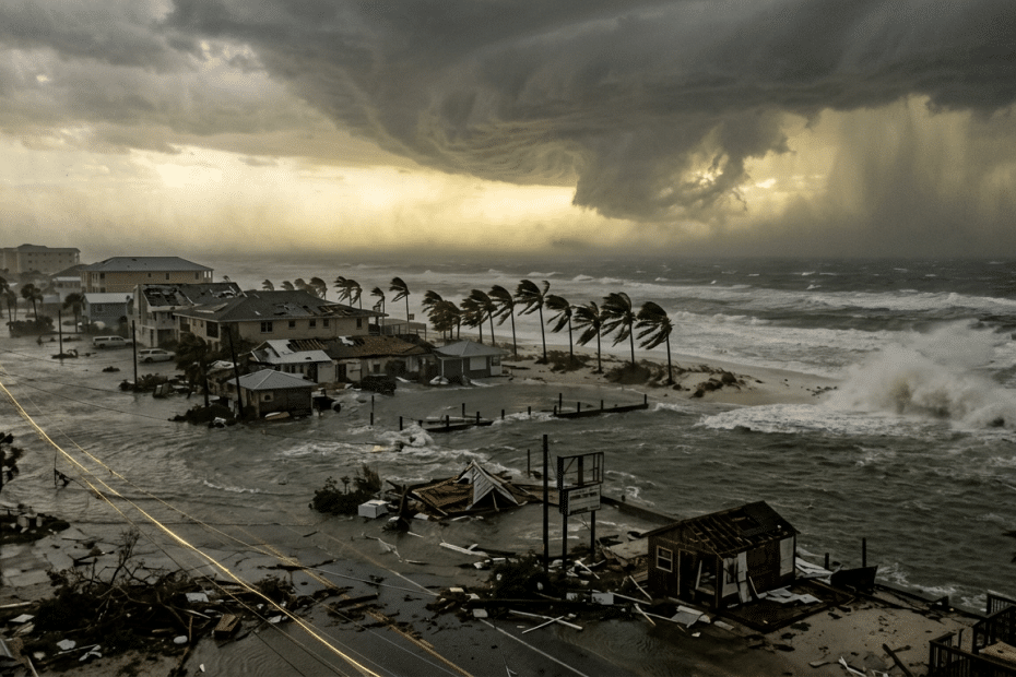 Coastal town flooded and battered by a massive storm, waves crashing against damaged buildings as dark clouds loom overhead, palm trees bent by wind.