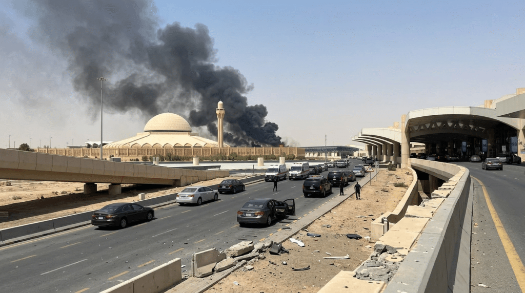 Highway with several cars stalled; large black smoke plume rising from a domed mosque-like building in the desert background.