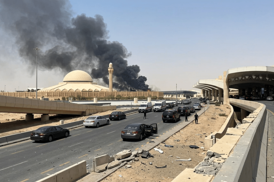 Highway with several cars stalled; large black smoke plume rising from a domed mosque-like building in the desert background.