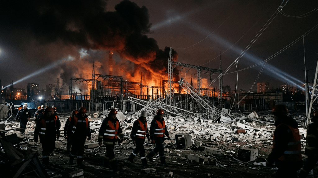 Nighttime scene of emergency responders in reflective vests walking through debris as a large industrial fire burns in the background, with smoke and scattered wreckage around a damaged facility.