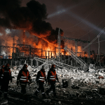 Nighttime scene of emergency responders in reflective vests walking through debris as a large industrial fire burns in the background, with smoke and scattered wreckage around a damaged facility.
